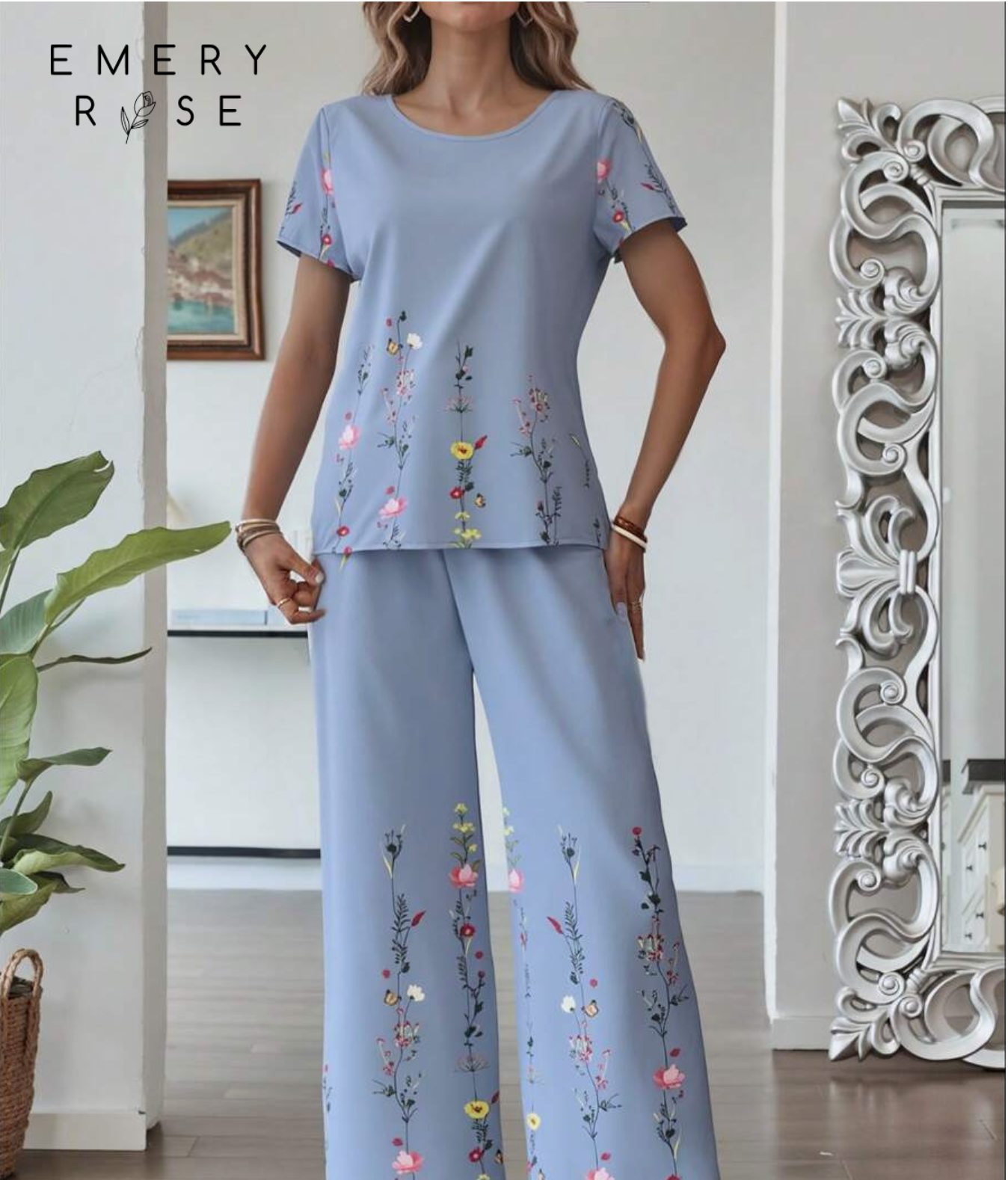 EMERY ROSE 2pcs Women Print Short Sleeve Crew Neck T-Shirt And Pants Set