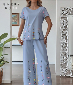 EMERY ROSE 2pcs Women Print Short Sleeve Crew Neck T-Shirt And Pants Set