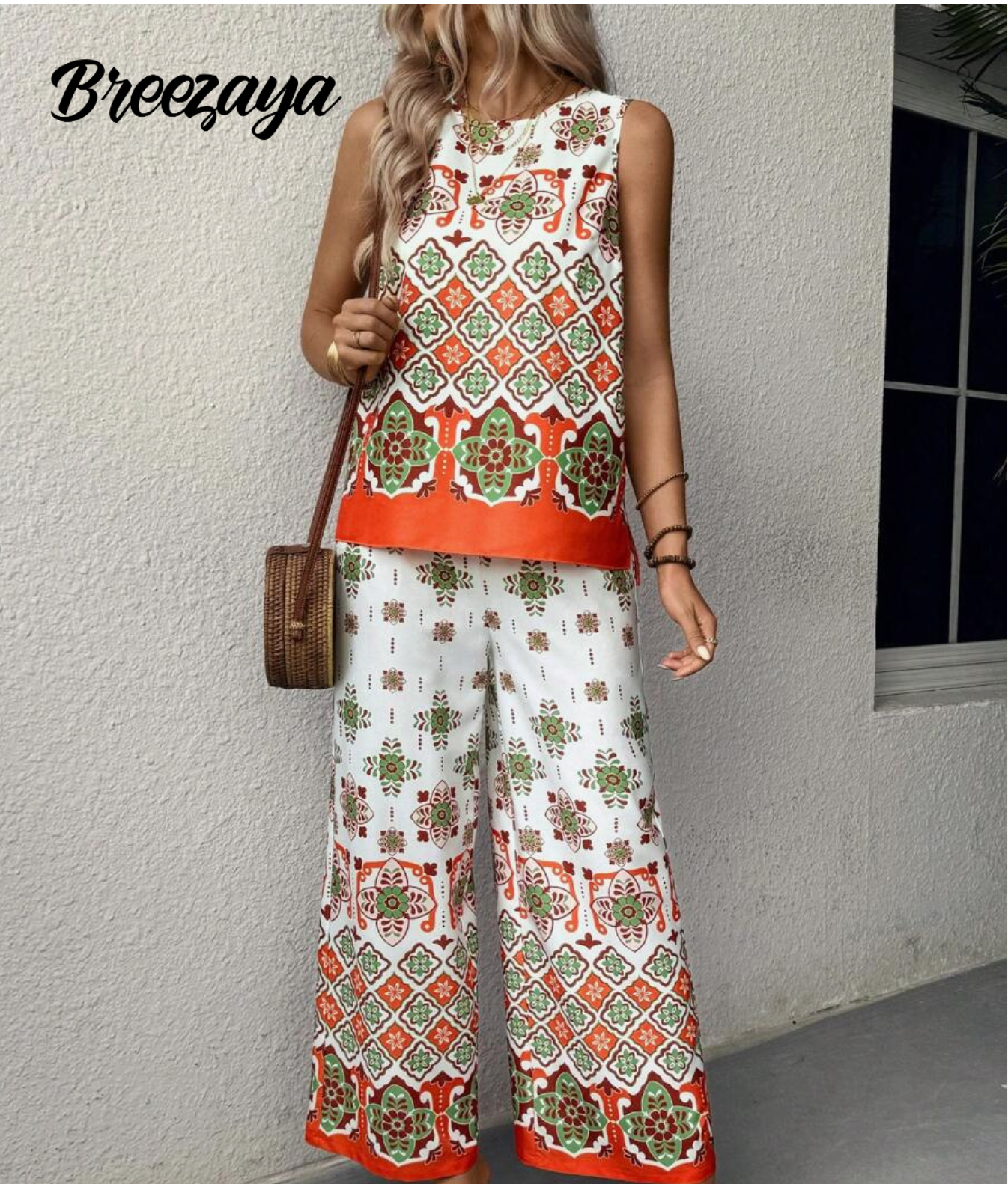 Breezaya Allover Print Round Neck Sleeveless Top And Long Pants, Summer Casual 2pcs Outfit