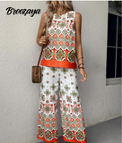 Breezaya Allover Print Round Neck Sleeveless Top And Long Pants, Summer Casual 2pcs Outfit