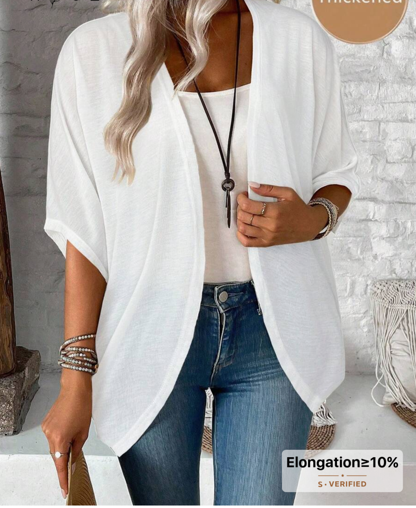 EMERY ROSE Casual White Lightweight Jacket - Knitted Fabric With Asymmetrical Hem