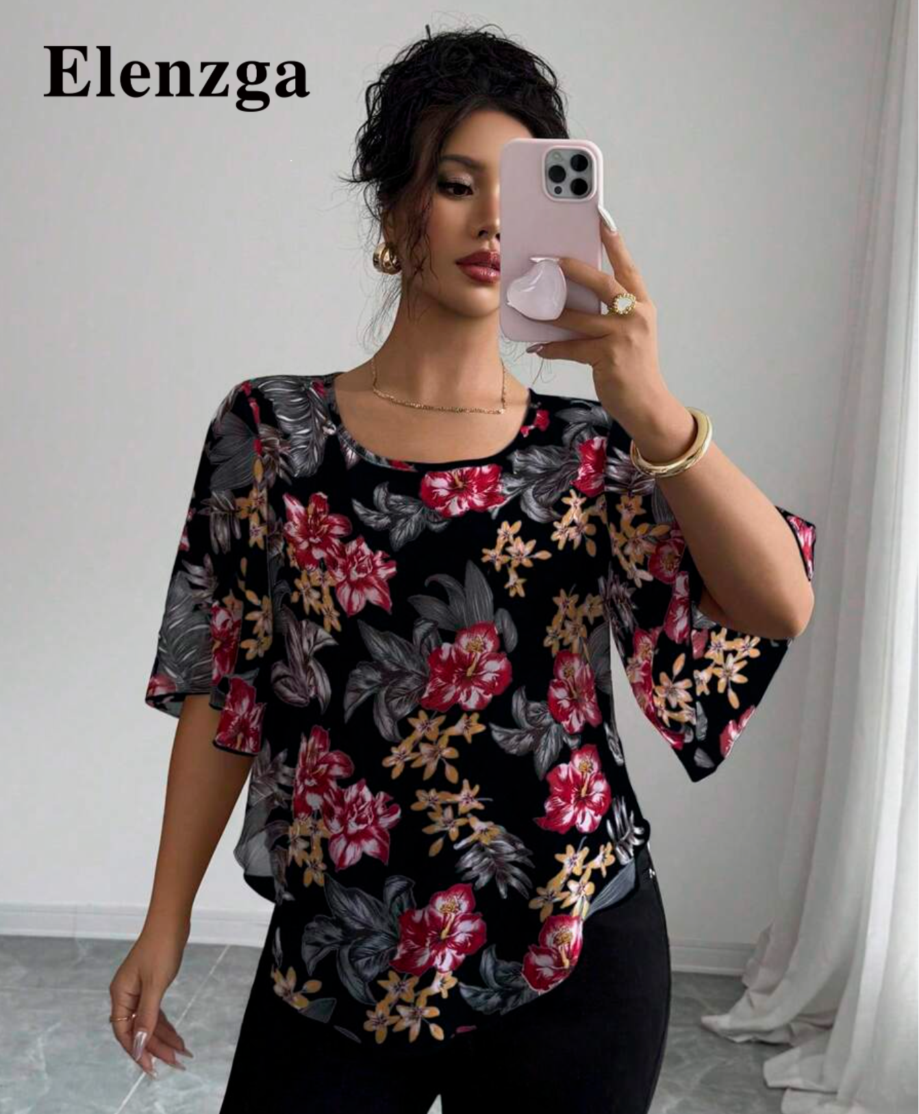 Elenzga Women's Floral All-Over Print Loose Casual Short Sleeve Shirt