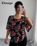 Elenzga Women's Floral All-Over Print Loose Casual Short Sleeve Shirt