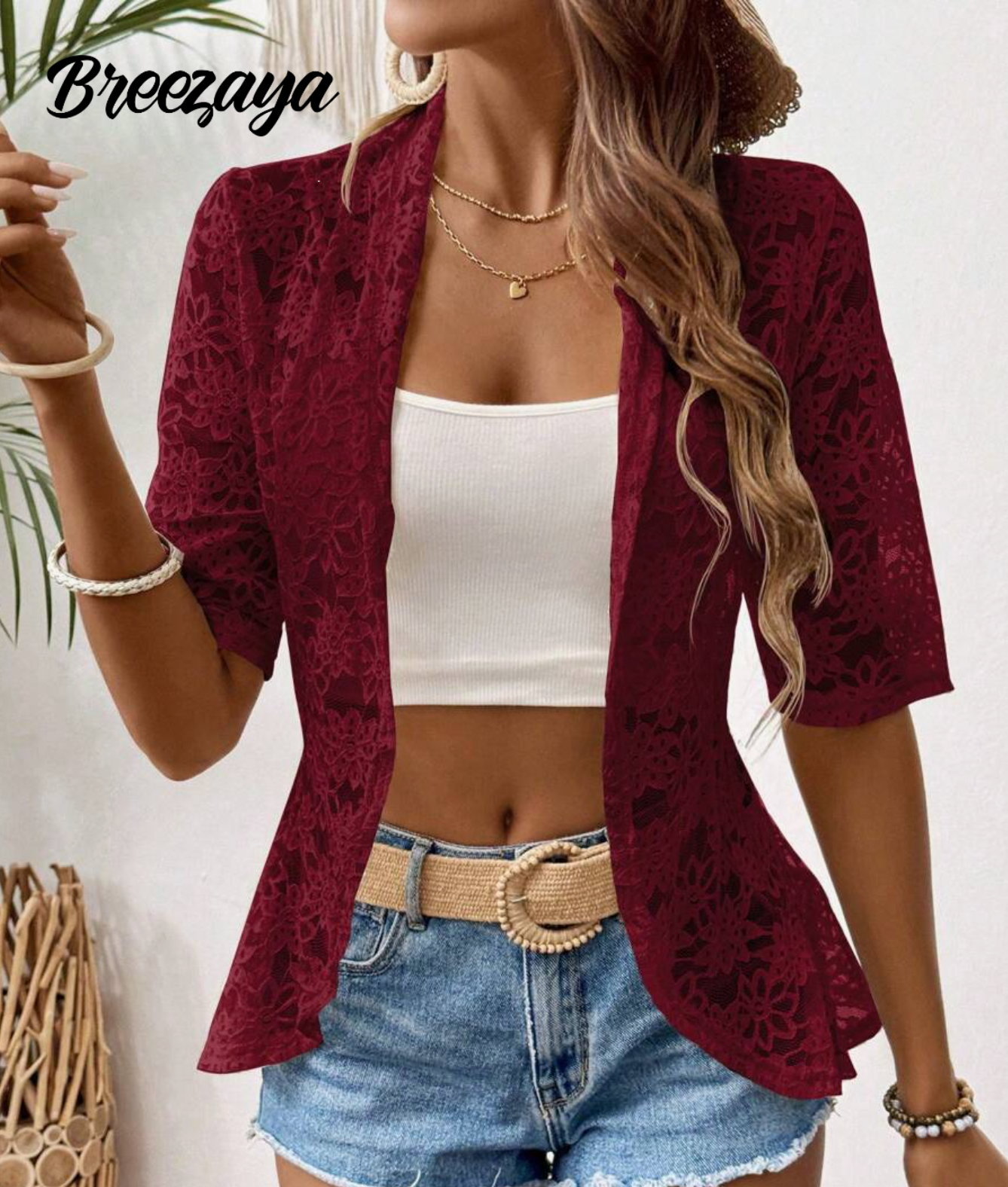 Breezaya Women Simple Casual Solid Color Mid-Sleeve Lace Jacket