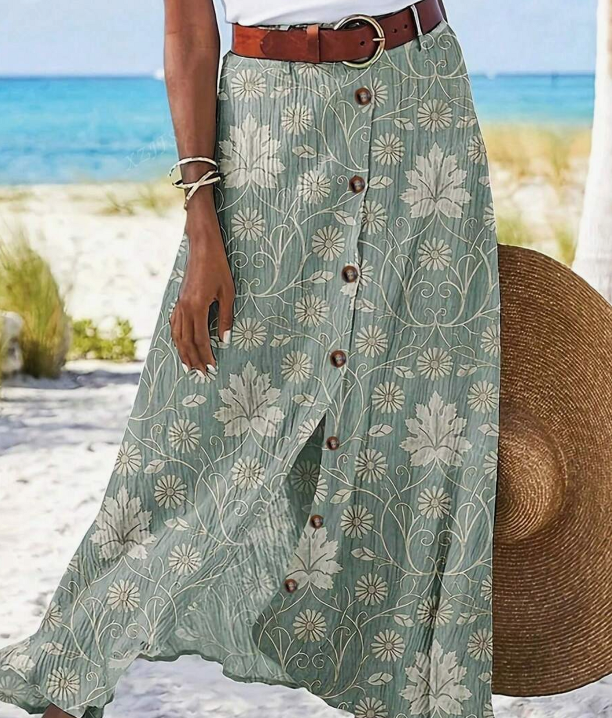 Women Floral Print Single-Breasted Casual A-Line Skirt