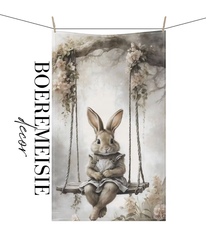 Bunny on Swing Tea Towel