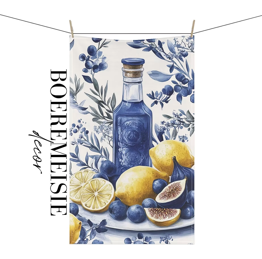 Lemon and Blue Bottle Tea Towel
