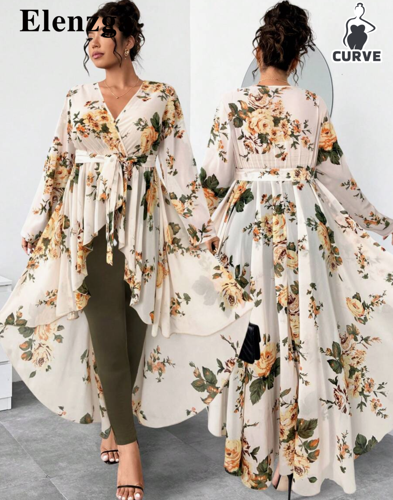 Elenzga Plus Size Women's Elegant Woven Black Floral Chiffon Dress