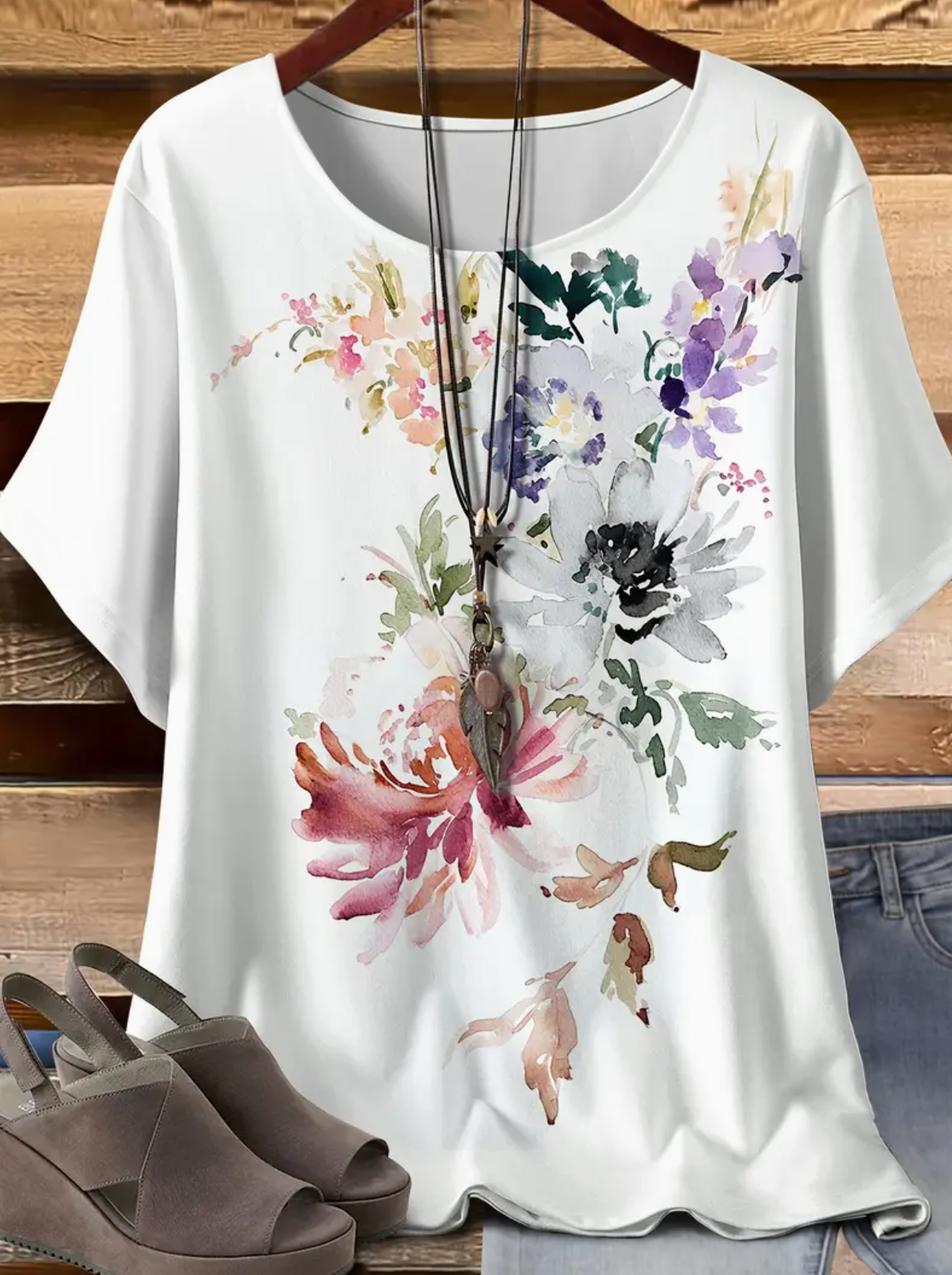 Plus Size, Women's Plus Comfort Floral Print Short Sleeve T-Shirt No Accessories Included