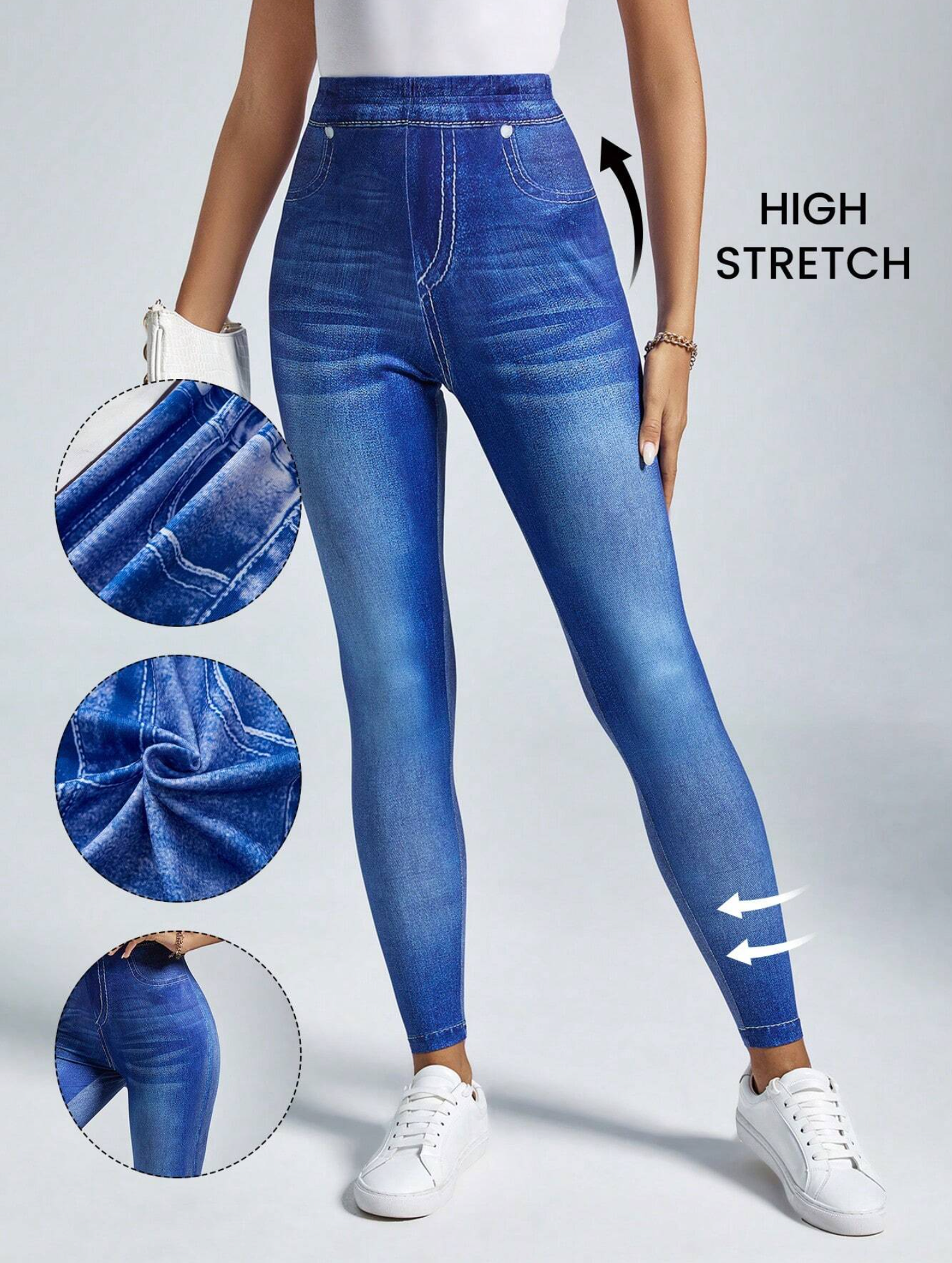 LUNE High Waist Denim-Effect Print Leggings