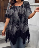 Plus Size Women's Long Contrast Lace Hem Tie-Dye T-Shirt