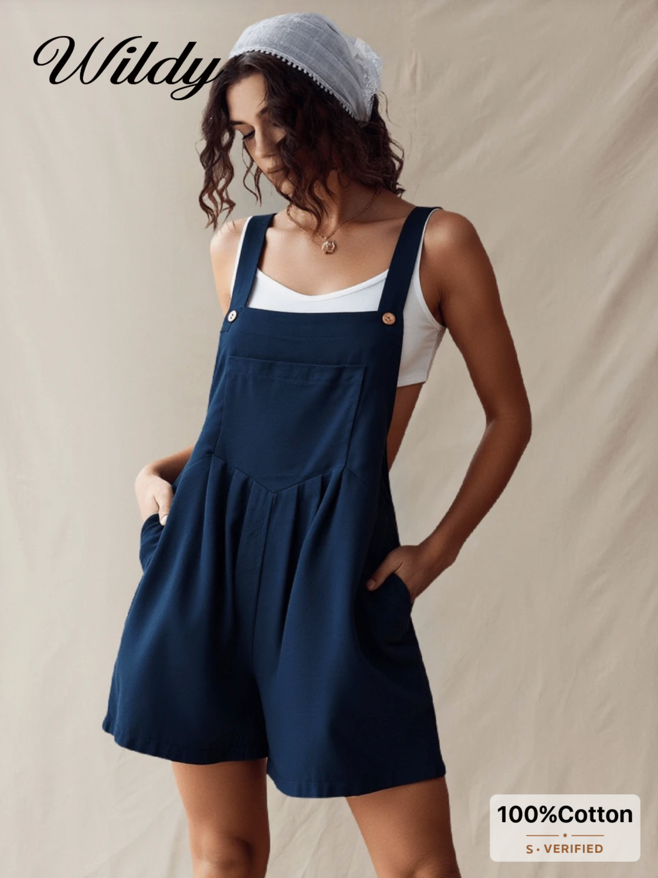 Wildy Solid Slant Pocket Overall Romper Without Tank Top