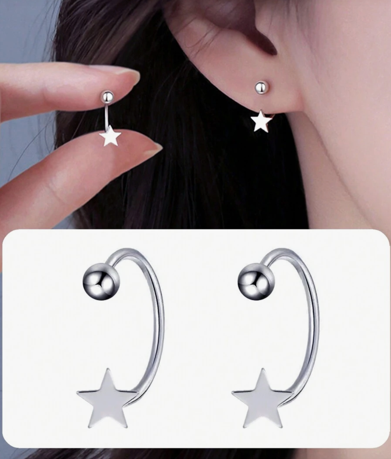 1pair Stainless Steel Star Design Front & Back Hypoallergenic C-Hoop Earrings