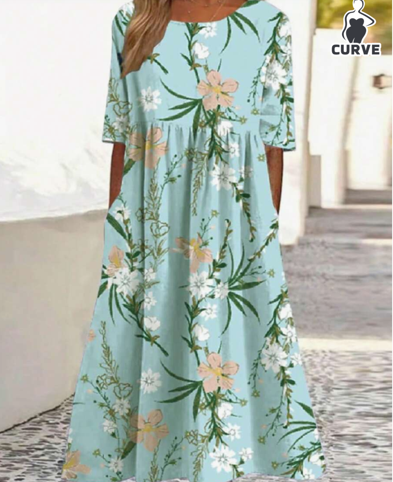 Plus Size Women's Floral Print Pocket Decor Bohemian Style Vacation Dress