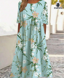 Plus Size Women's Floral Print Pocket Decor Bohemian Style Vacation Dress