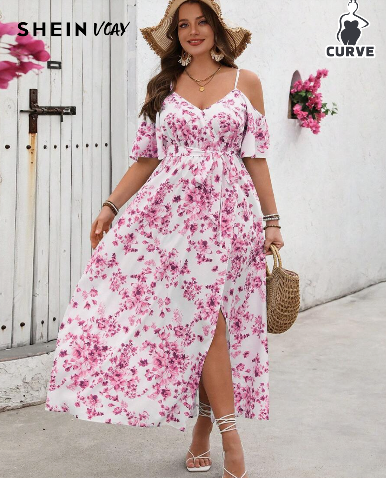 SHEIN VCAY Plus Size Floral Print Off Shoulder Spaghetti Strap Midi Dress
