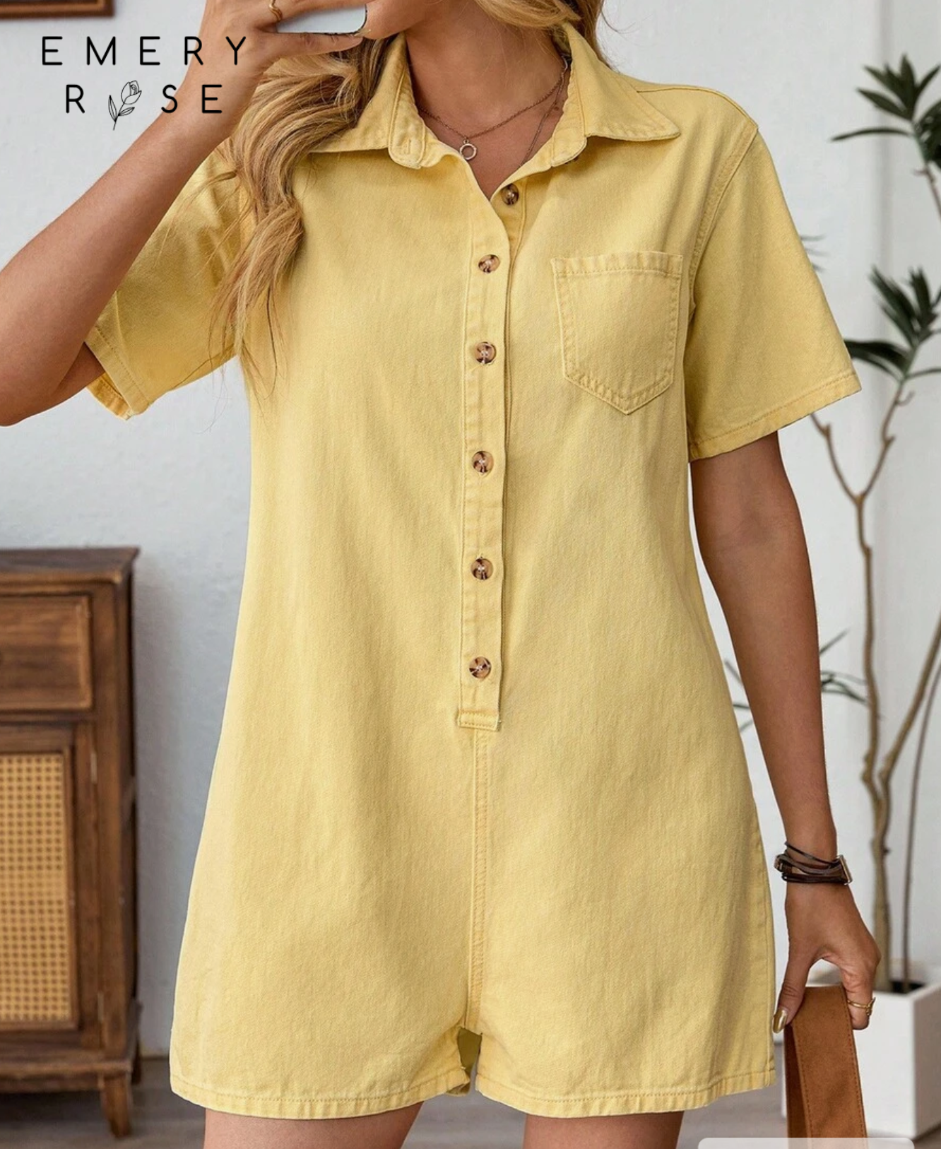 Women's Casual Solid Color Button Half-Placket  Denim Jumpsuit