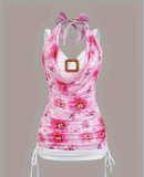Women's  Vibrant Floral Print Ruched Halter Vest Top