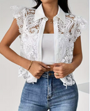 Women's Elegant Summer V-Neck Blouse with Floral Lace Sleeves