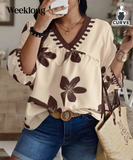 Plus Size Women Floral Print V-Neck Lantern Sleeve Blouse