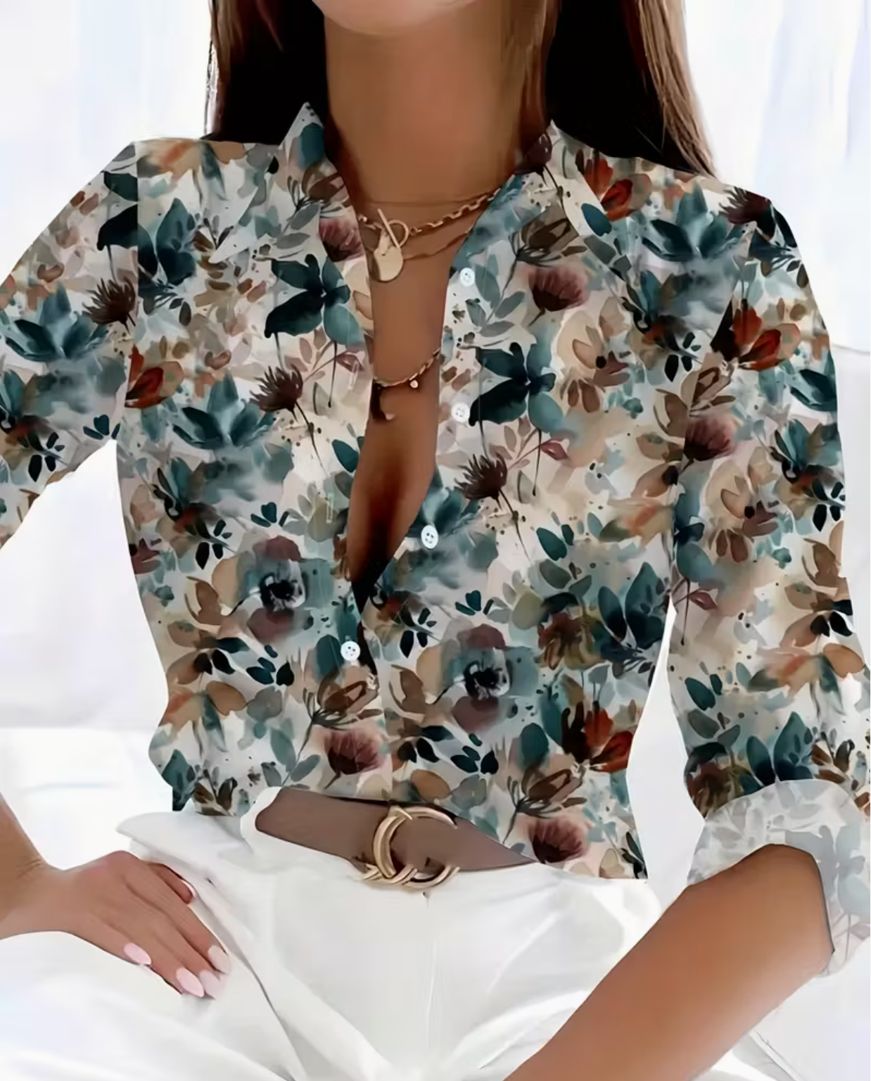 Women's Elegant V-Neck Long Sleeve Button-Up Shirt
