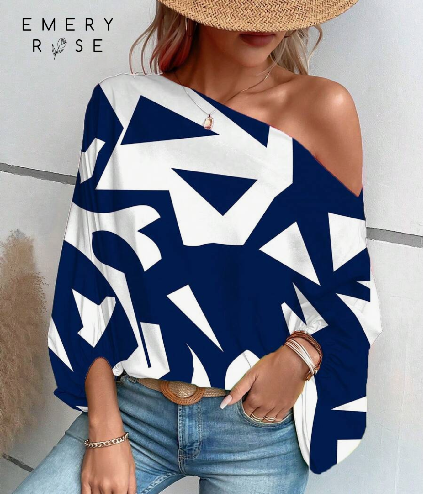 Women's  Geo Print Asymmetrical Neck Batwing Sleeve Blouse