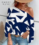 Women's  Geo Print Asymmetrical Neck Batwing Sleeve Blouse