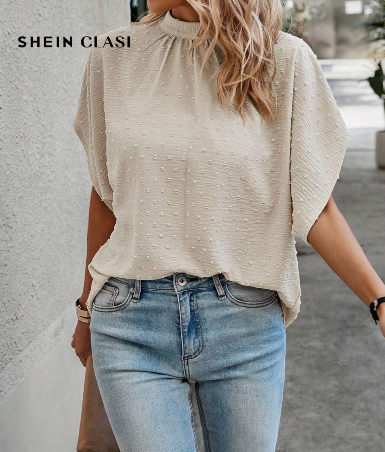 Women's SHEIN Clasi Swiss Dot Batwing Sleeve Mock Neck Blouse