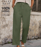 Women's Solid Color Waist Tie Pocket Straight Loose Casual Pants