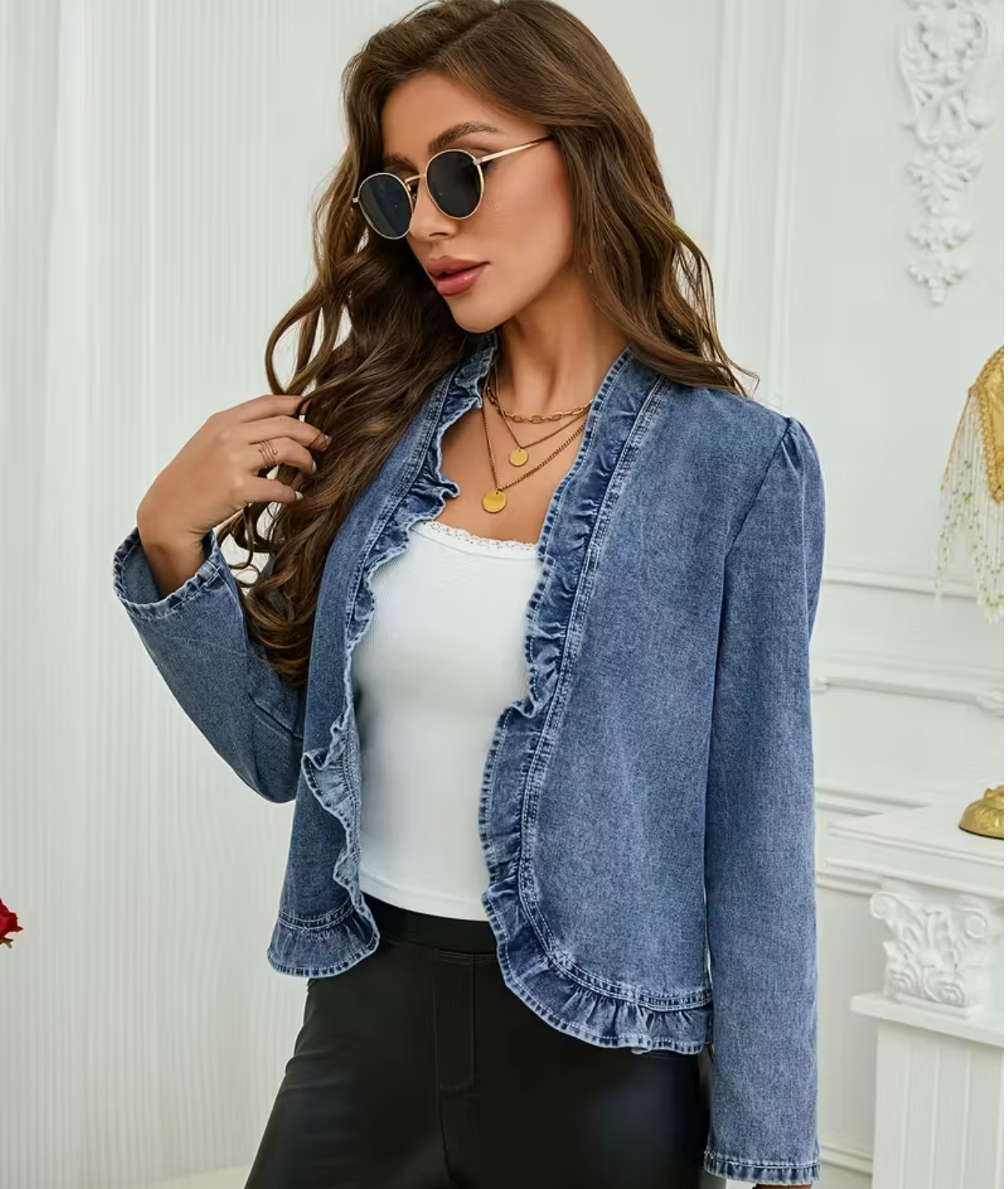 Women's Denim Jacket with Ruffle Hem