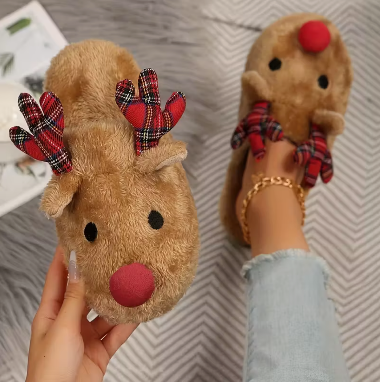 Women's Christmas Reindeer Plush Slippers with Antlers & Red Nose