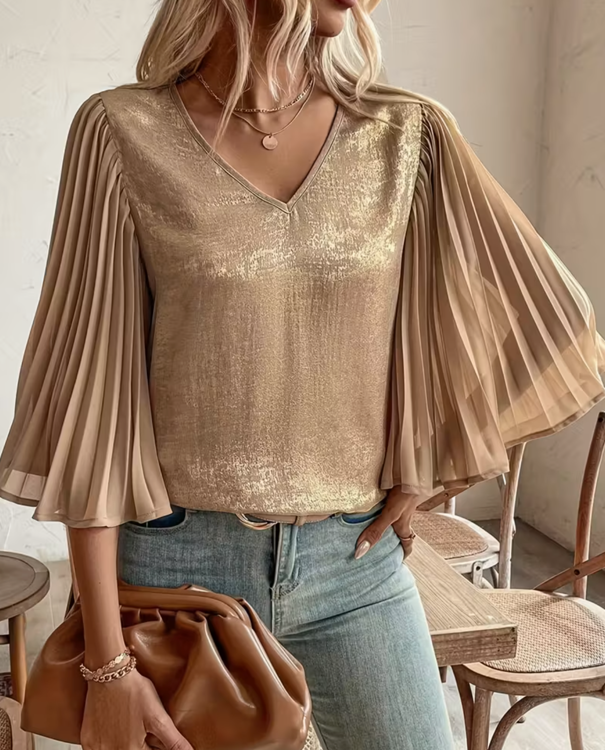 Women'S Elegant Golden V-Neck Pleated Long Sleeve Blouse