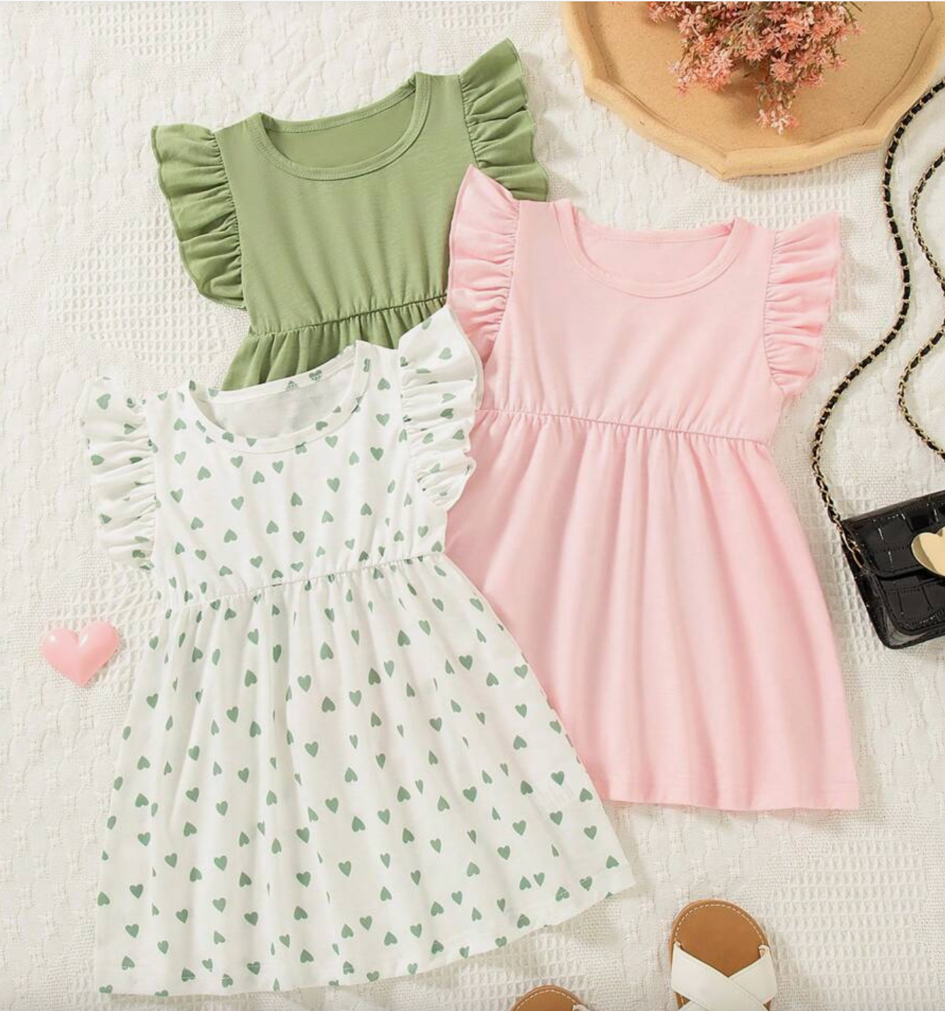 3pcs/Set Baby Girl's Cap Sleeve Heart Print + Solid Color Casual Dress