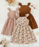 3pcs/Set Young Girls Cute Square Collar Sleeveless Casual Jumpsuit Dress