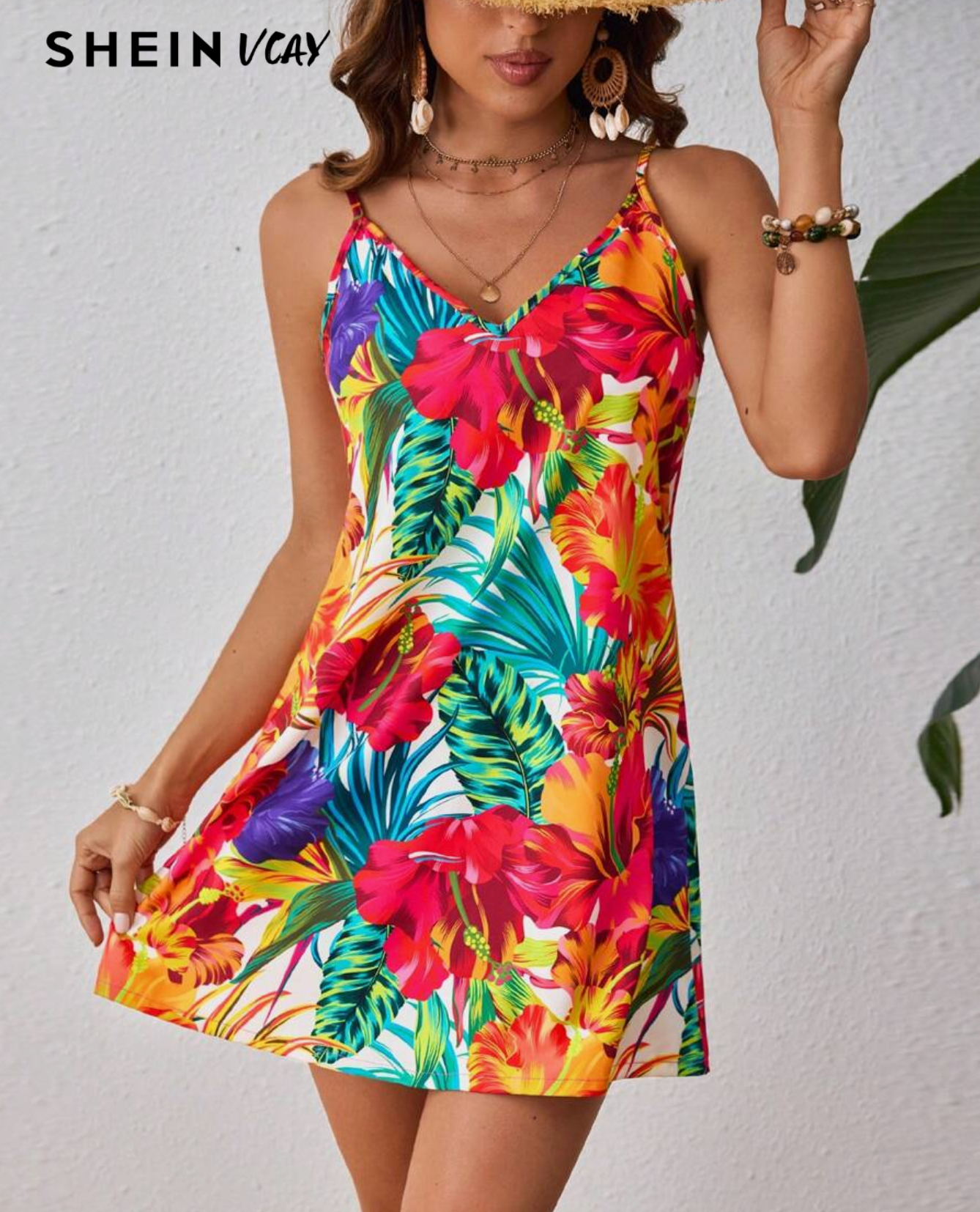 SHEIN VCAY Tropical Floral Print V-Neck Strappy Dress Hawaiian Dress