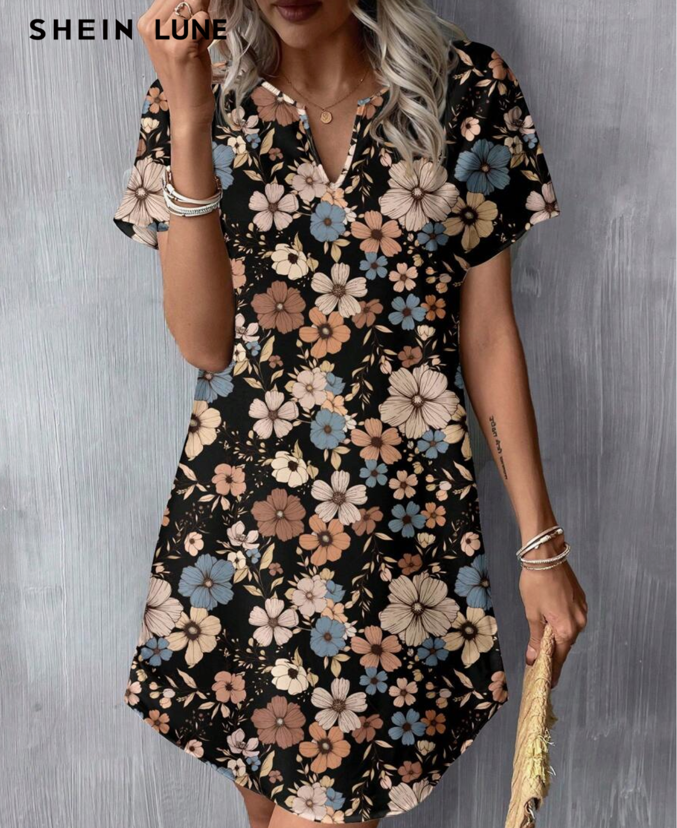 Women's Casual Minimalist Floral Print V-Neck Woven Short Dress