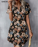 Women's Casual Minimalist Floral Print V-Neck Woven Short Dress