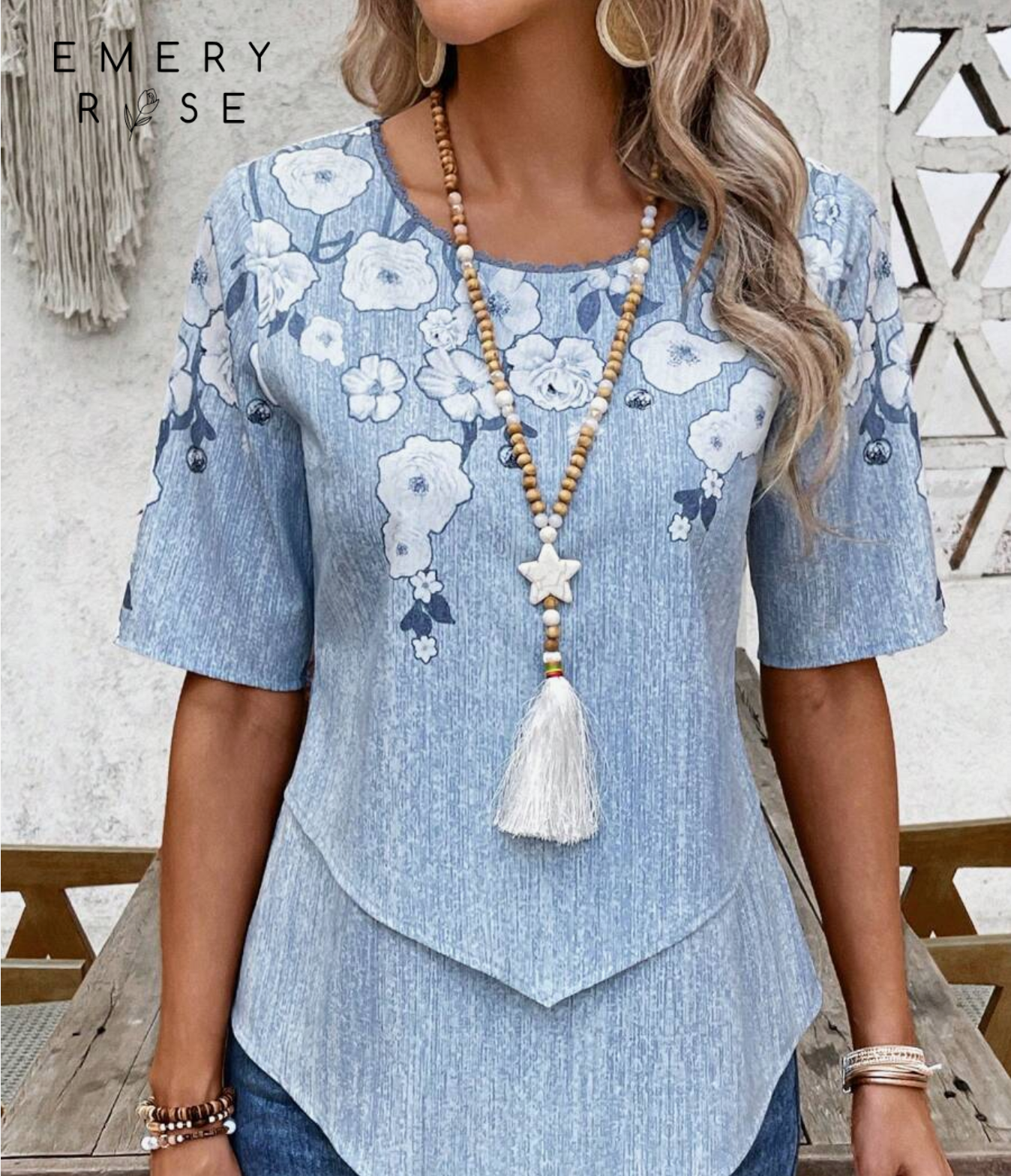 EMERY ROSE Women's Vacation Casual Floral Print Short Sleeve Blouse