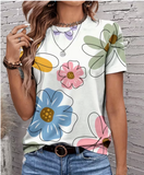 Women'S Floral Print T-Shirt - Vibrant Pink & Blue Flower Design