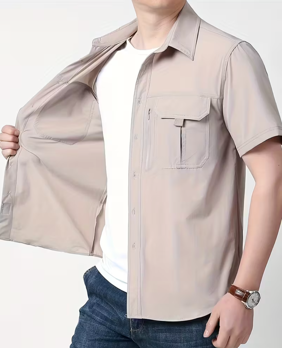 Men's Solid Color Casua lSS Lapel Collar Cargo Shirt