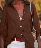 Women's Casual Linen Solid Color Rolled Design Button Detail Blouse