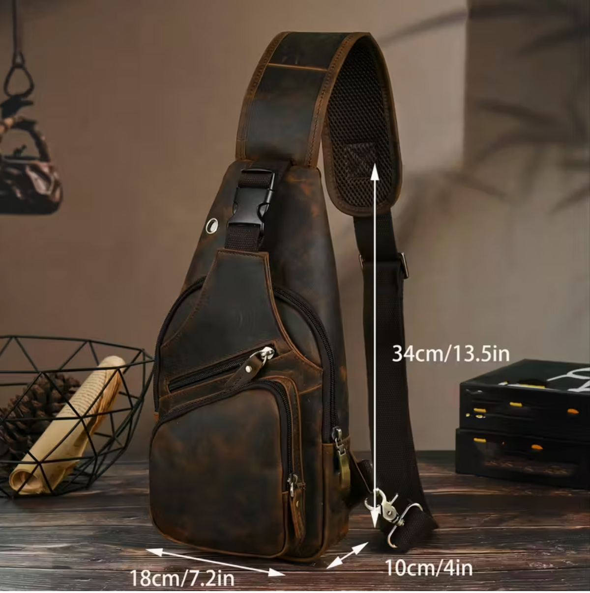 Mens Genuine Crazy HorseG Leather  Crossbody Chest Sling Bag