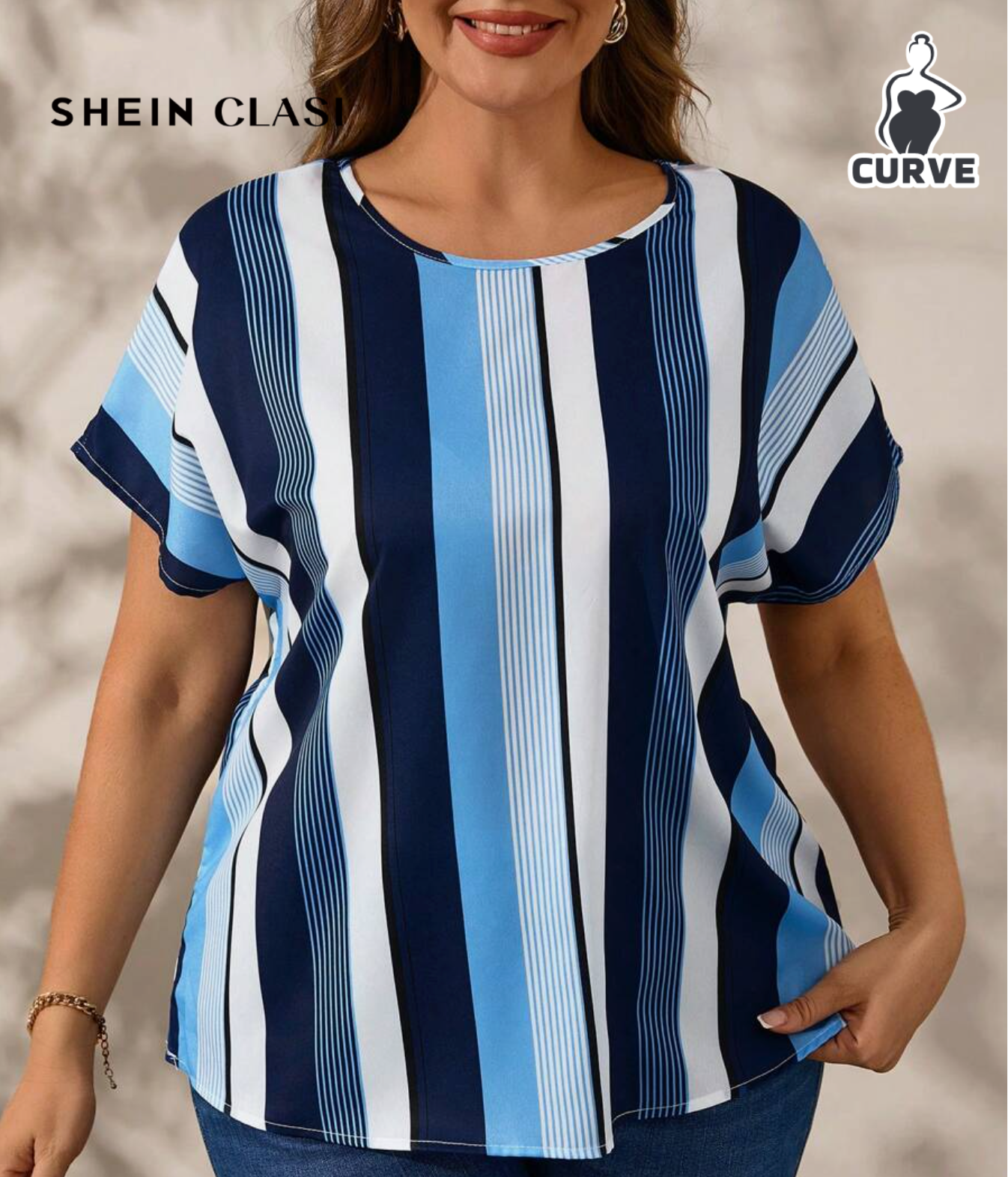 Plus Size Women's Striped Round Neck Batwing Blouse