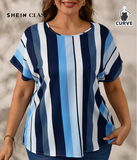 Plus Size Women's Striped Round Neck Batwing Blouse