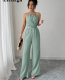 Women's Casual Khaki Crinkle Fabric Halter Beaded DesignJumpsuits