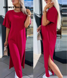 INAWLY Solva Women's Casual Solid Color Side Slit Summer Dress