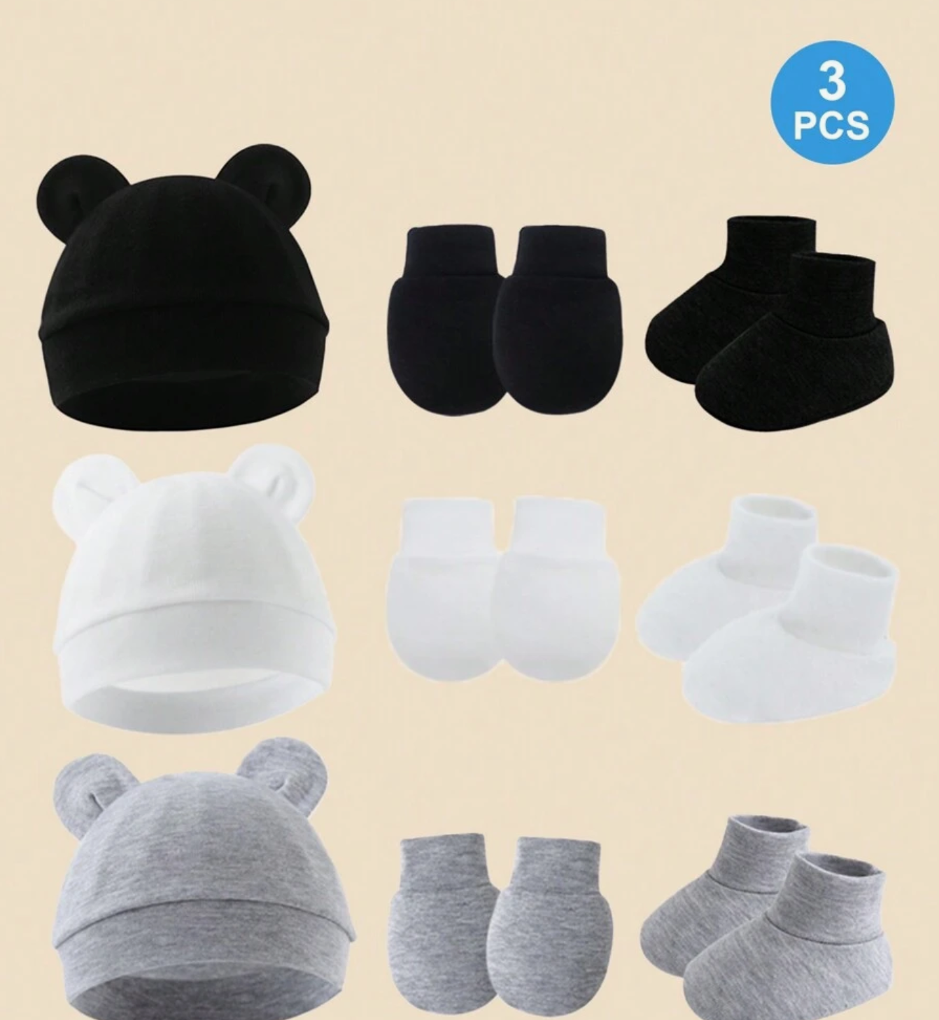 3sets Newborn Baby Black + White + Gray Ear Cap + Anti-Scratch Mittens
