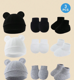 3sets Newborn Baby Black + White + Gray Ear Cap + Anti-Scratch Mittens
