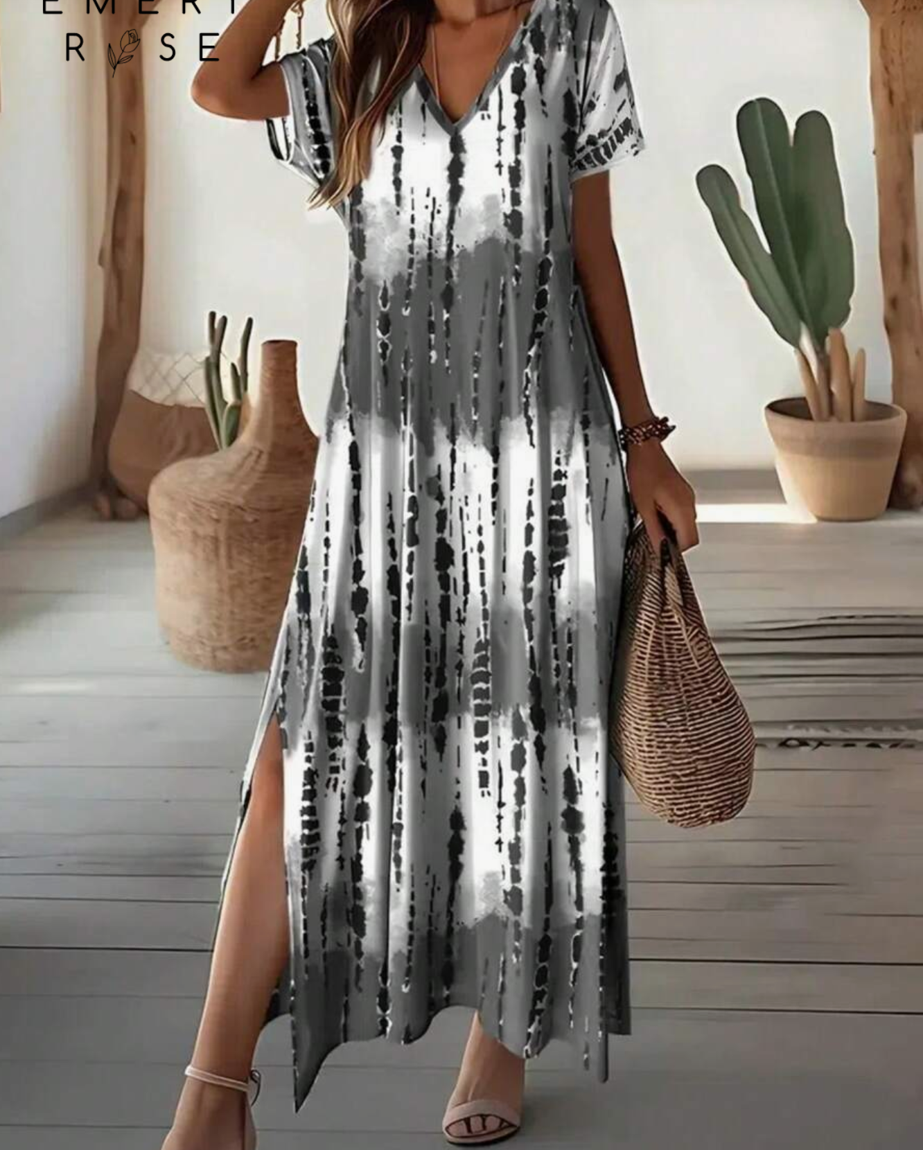 Women Casual V-Neck Short Sleeve Loose Tie-Dye Printed Split Dress