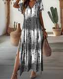Women Casual V-Neck Short Sleeve Loose Tie-Dye Printed Split Dress